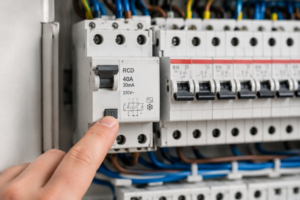 wyłącznik różnicowoprądowy w rozdzielnicy elektrycznej z widocznym przyciskiem testowym, zabezpieczeniami nadprądowymi i przewodami, pokazujący czym jest różnicówka w instalacji elektrycznej