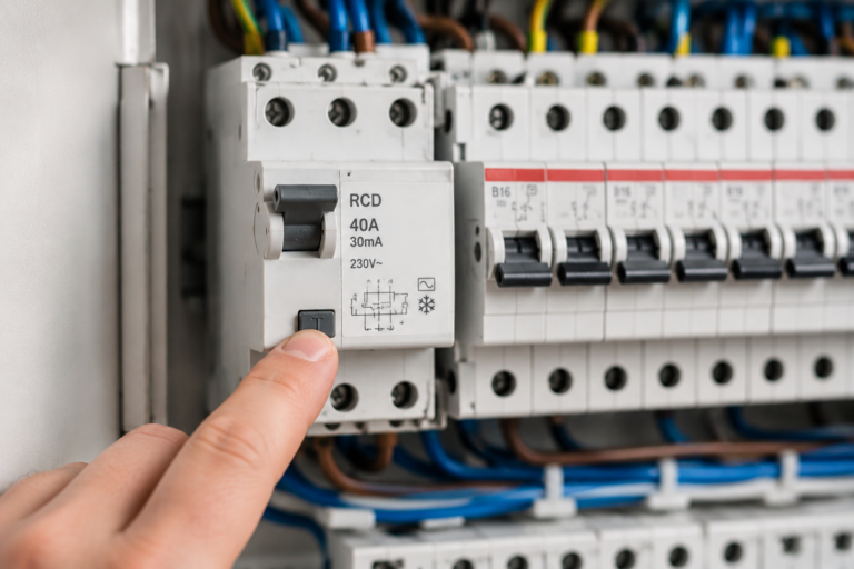 wyłącznik różnicowoprądowy w rozdzielnicy elektrycznej z widocznym przyciskiem testowym, zabezpieczeniami nadprądowymi i przewodami, pokazujący czym jest różnicówka w instalacji elektrycznej
